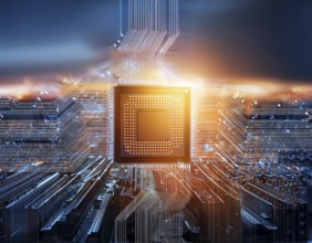 A close-up view of a glowing central processing unit on a bluish circuit board, representing