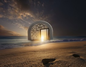 Glowing door is a portal to another world. Mysterious door with glowing light, AI generated