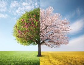 Vivid representation of a tree embodying spring blossoms on one half and autumn fruits on the