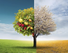 Vivid representation of a tree embodying spring blossoms on one half and autumn fruits on the