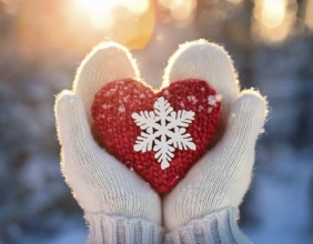 Serene winter scene showcasing hands in gloves holding a snow heart symbolizing love and warmth, AI