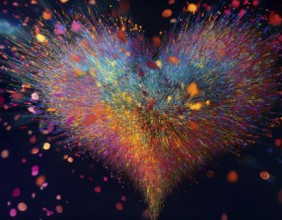 Colorful light particles form a radiant and dynamic heart shape against a dark background,