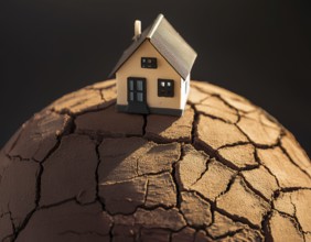 A miniature house and bare tree on cracked soil with a vivid orange sunset, symbolizing