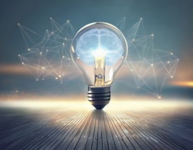 Light bulb with industry network, mind, analysis solution . Creative concept with a light bulb, AI