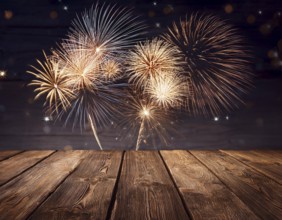 Elegant Fireworks Display Over Wooden Deck During Night Celebration, AI generated