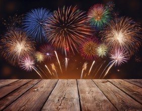 Elegant Fireworks Display Over Wooden Deck During Night Celebration, AI generated