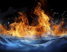 Fiery Flames and Splashing Water Collision on Black Background, AI generated