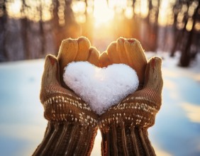 Serene winter scene showcasing hands in gloves holding a snow heart symbolizing love and warmth, AI