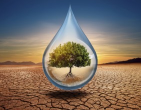 A tree encapsulated in a large water droplet rests on a cracked desert landscape, symbolizing