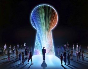 A vast group of people color light trails walking towards a glowing light keyhole in a symbolic