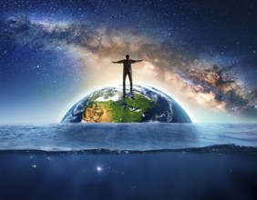 A symbolic depiction of Earth submerged in ocean water amidst melting ice, emphasizing climate