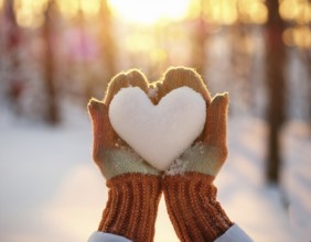 Serene winter scene showcasing hands in gloves holding a snow heart symbolizing love and warmth, AI