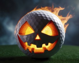 Close up of a burning golf ball styled as a jack-o'-lantern in fire with flames on a grass surface,