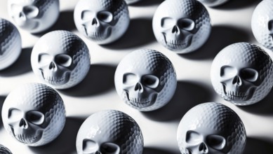 Golf balls with skull designs arranged in a pattern, casting shadows, creating an eerie atmosphere,