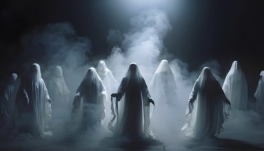 A group of ghostly figures shrouded in white cloaks emerge from thick fog under dim lighting,
