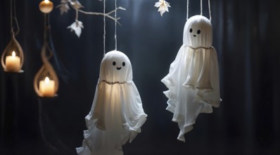 Two hanging ghost decorations with happy faces and candles, creating a whimsical Halloween