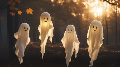 Cute lovely white ghosts float in the air in the autumn forest, the sunset light breaks through