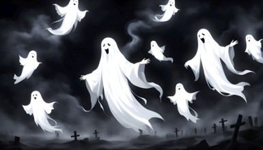 Cartoon ghosts floating in a misty cemetery, creating a spooky and eerie atmosphere at Halloween