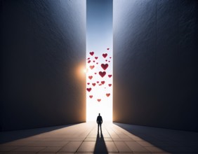 A striking artistic scene depicting a silhouette of a person beneath a vertical column of floating