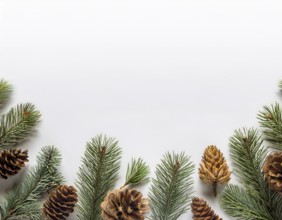 Holiday-themed flat lay with evergreen pine branches and pine cones, evoking a minimalist and