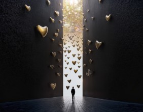 A striking artistic scene depicting a silhouette of a person beneath a vertical column of floating