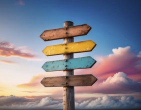 Rustic wooden direction signs painted in vibrant colors with a beautiful sunset background evoking