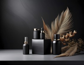 Skincare bottle showcased with dried flowers and a natural prop, creating a minimalist aesthetic.