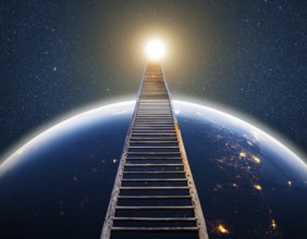 A ladder extends toward the glowing full moon against a starry night sky, evoking dreams and