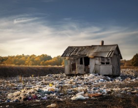An abandoned house sits amidst scattered garbage in a deserted rural area, conveying environmental