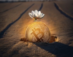 A focused view of a golden Bitcoin token, representing digital currencies and finance, AI generated