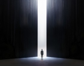 A lone figure stands in a minimalist setting, emphasizing scale, solitude, and illumination. The