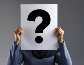 A person concealing their face while holding a question mark sign, symbolizing anonymity, mystery,