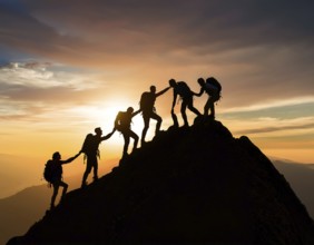 A dynamic depiction of teamwork and determination, climbers ascend a rugged mountain peak during