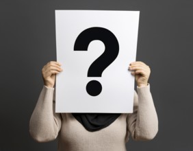 A person concealing their face while holding a question mark sign, symbolizing anonymity, mystery,