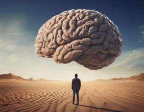 A lone figure stands before a giant brain floating in a surreal desert setting, symbolizing