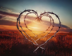 A symbolic depiction of a red heart entwined in barbed wire, set against a blurred warm-toned bokeh