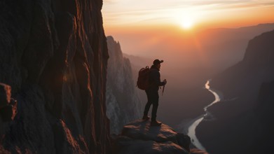 Far silhouette of exploration of an adventurous traveler on the blink of the cliff. AI generated