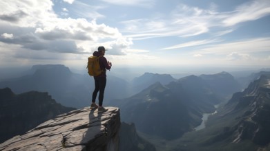 Far silhouette of exploration of an adventurous traveler on the blink of the cliff. AI generated