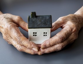 Elderly hands gently cradle a small house model, representing themes of home, security, care, and