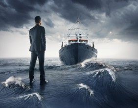 A surreal and contemplative scene of a businessman standing alone on a boat over calm ocean waters.
