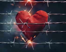 A symbolic depiction of a red heart entwined in barbed wire, set against a blurred warm-toned bokeh