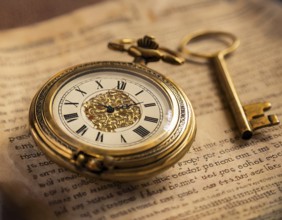 A classic golden pocket watch and ornate key resting atop an aged newspaper, symbolizing time and