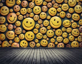 Colorful illustration featuring a seamless pattern of cheerful smiley faces on a blue surface,