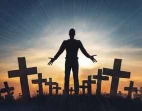 A silhouette of a lone figure walking off a gravestone, The scene evokes Resurrection thoughts