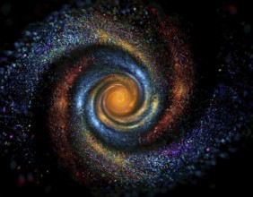 Abstract representation of a colorful swirling galaxy formed by vibrantly arranged particles and