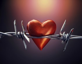 A symbolic depiction of a red heart entwined in barbed wire, set against a blurred warm-toned bokeh
