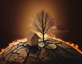 A miniature house and bare tree on cracked soil with a vivid orange sunset, symbolizing