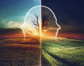 A miniature house and bare tree on cracked soil with a vivid orange sunset, symbolizing