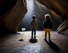 A dark canyon with a child standing near a blooming yellow flower, symbolizing hope in solitude, AI
