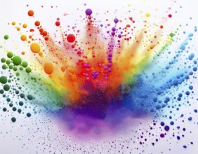 Vibrant and energetic multicolored powder explosion captured against awhite background. Evoking